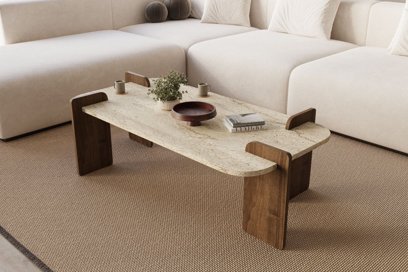Skye Decor Couchtisch Siam Leapiri (Packung, 1 Tisch), Japandi Deko,Briete 120, Rechteckige Bauform, Travertin Walnuss – Bild 2 von 5