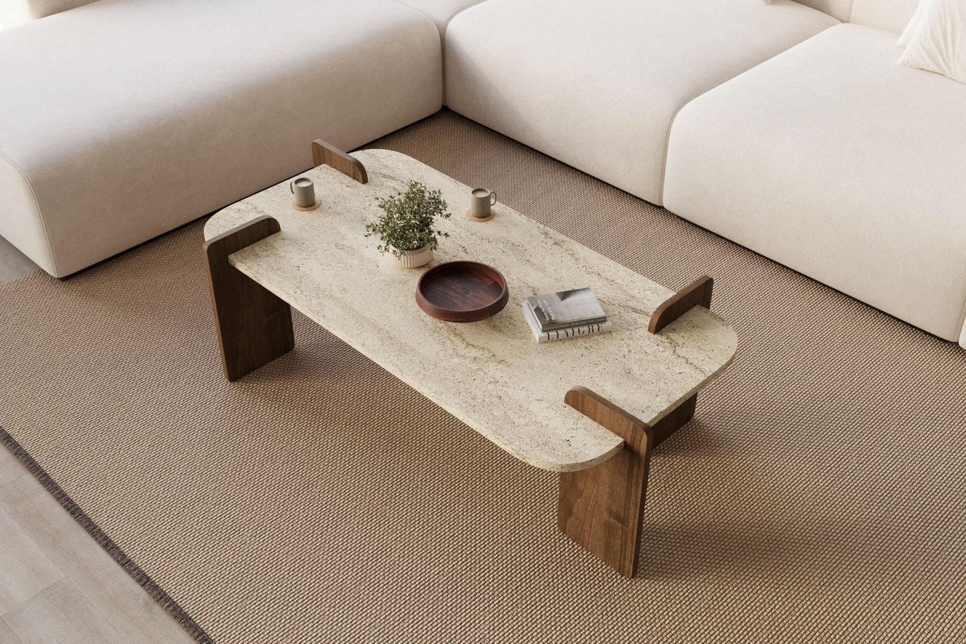 Skye Decor Couchtisch Siam Leapiri (Packung, 1 Tisch), Japandi Deko,Briete 120, Rechteckige Bauform, Travertin Walnuss – Bild 4 von 5