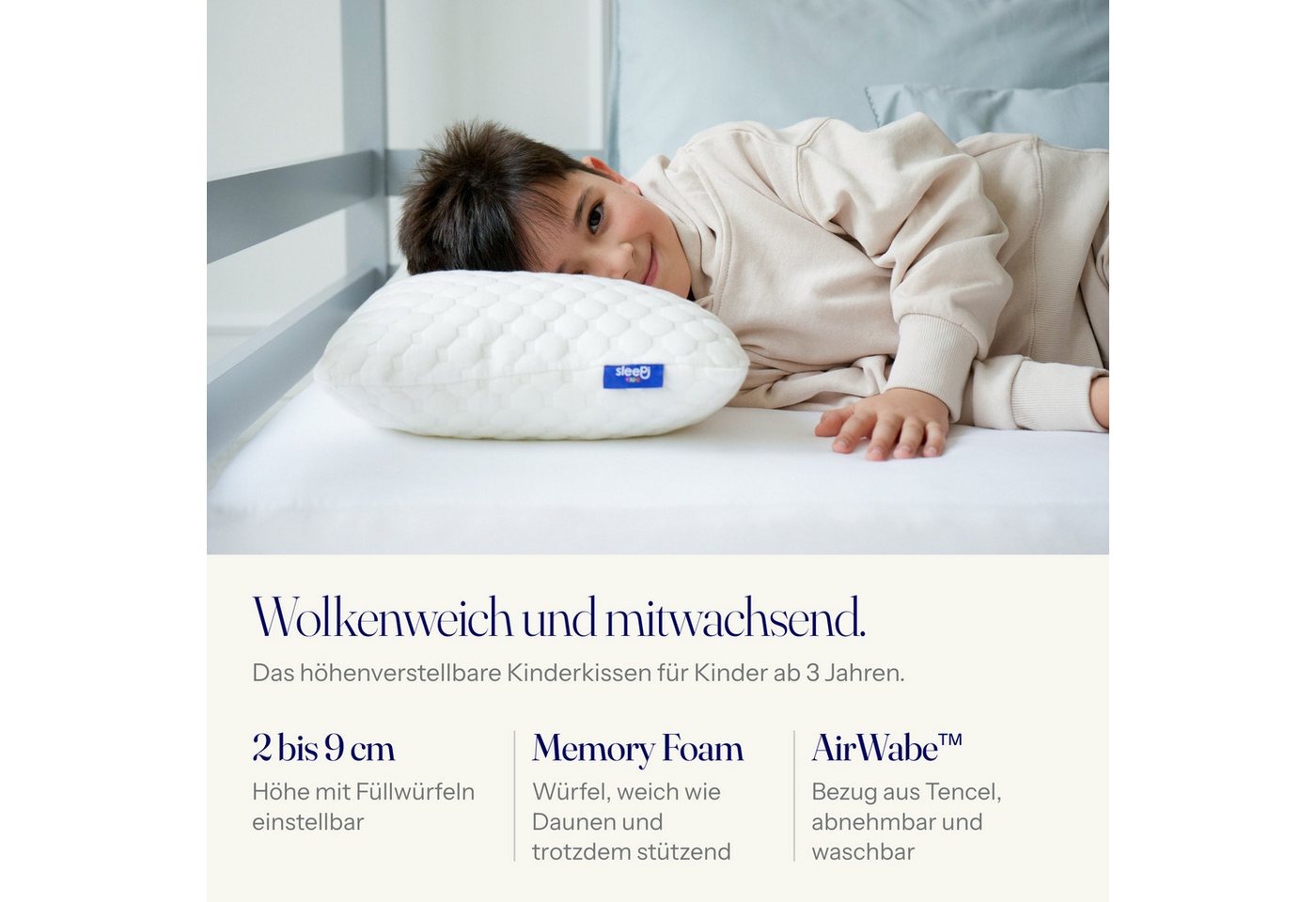 SLEEPI Kopfkissen Kids Cloud, Füllung: Schaumstoffwürfel, Bezug: Tencel®, Seitenschläfer, Rückenschläfer, Kinderkopfkissen, Höhenverstellbar, Memory Foam Würfel – Bild 2 von 5