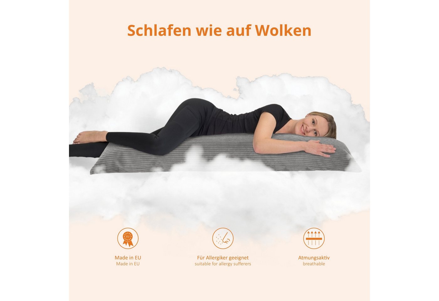 sleepling Seitenschläferkissen Bodypillow, 40x145 cm, 40x200 cm, Cord oder Mikrofaser, auch als Stillkissen – Bild 4 von 5