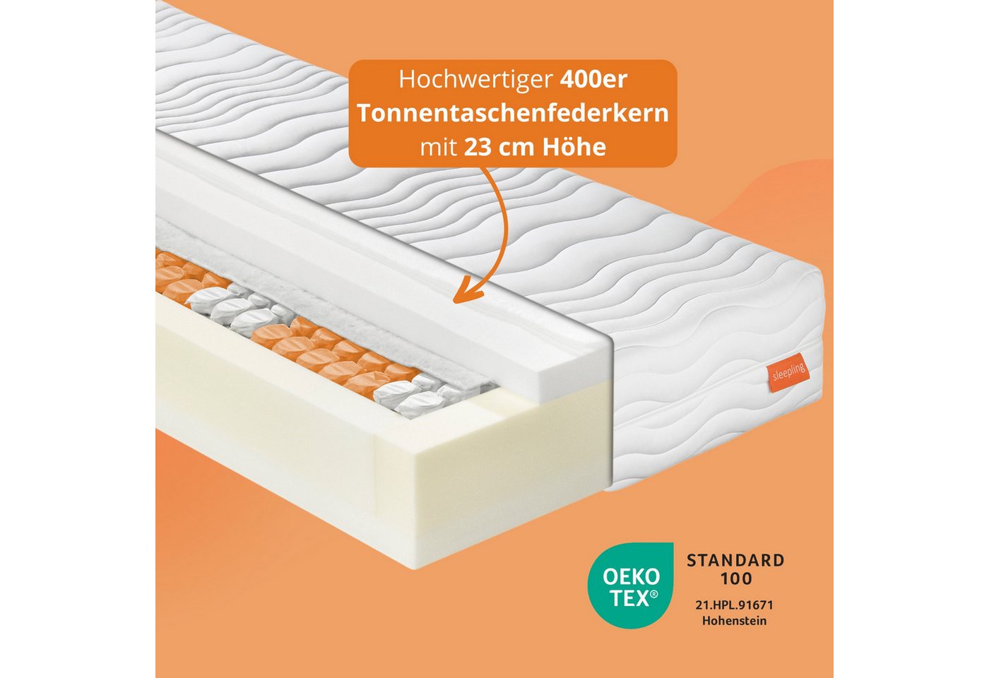 Taschenfederkernmatratze Innovation 320, 90x200 cm, 140x200 cm und weitere Größen, sleepling, 25 cm hoch, 7 - Liegezonen, mit Kalt- oder Gelschaumauflage – Bild 2 von 5