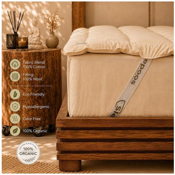 Sleepoos, Topper Sleepoos Woll-Matratzenauflage 90x200 cm, Baumwollbezug, Beige, 5.50 cm hoch
