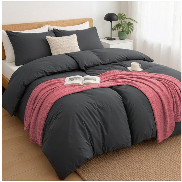 Slummer Bettwäsche 135 x 200 Baumwolle Set 135x200 oder 155x220 cm grau - anthrazit, Baumwolle, 2 teilig, Reißverschluss, Sommerbettwäsche