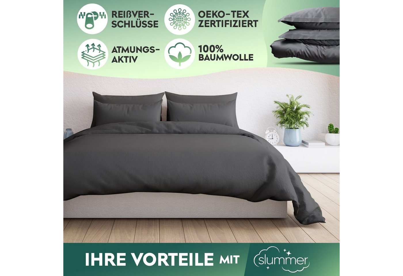 Slummer Bettwäsche 135 x 200 Baumwolle Set 135x200 oder 155x220 cm grau - anthrazit, Baumwolle, 2 teilig, Reißverschluss, Sommerbettwäsche – Bild 2 von 5
