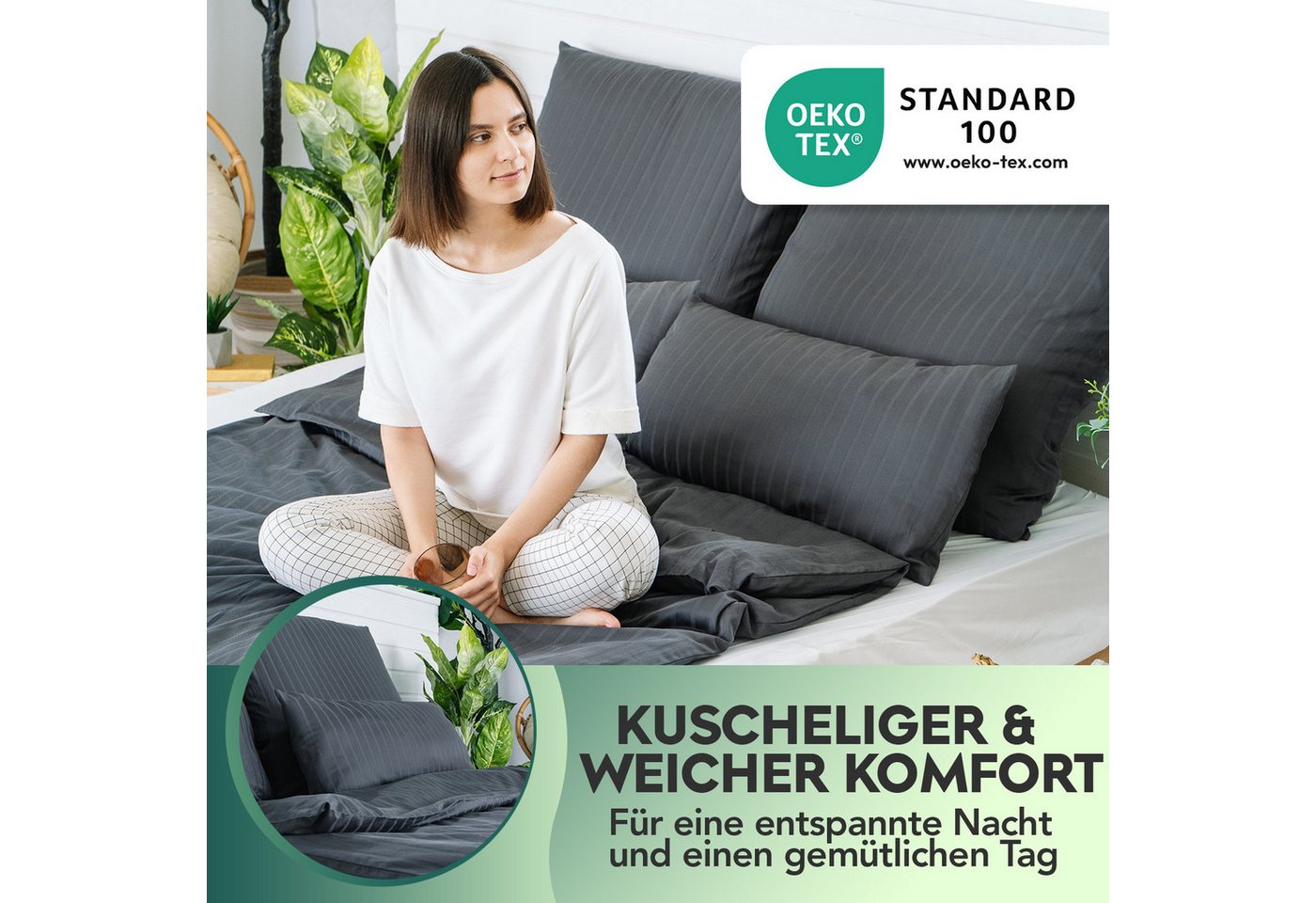 Slummer Bettwäsche 135x200 Baumwolle Damast, anthrazit, Mako-Satin, 2 teilig, Reißverschluss, Kissenbezug 80x80cm – Bild 2 von 5