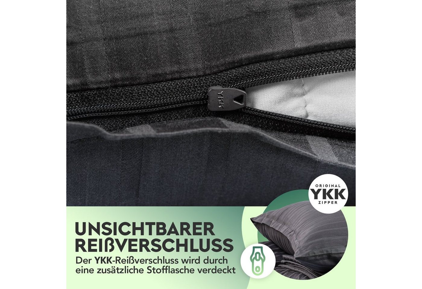 Slummer Bettwäsche 135x200 Baumwolle Damast, anthrazit, Mako-Satin, 2 teilig, Reißverschluss, Kissenbezug 80x80cm – Bild 4 von 5