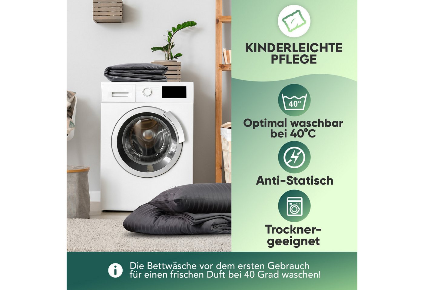 Slummer Bettwäsche 135x200 Baumwolle Damast, anthrazit, Mako-Satin, 2 teilig, Reißverschluss, Kissenbezug 80x80cm – Bild 5 von 5