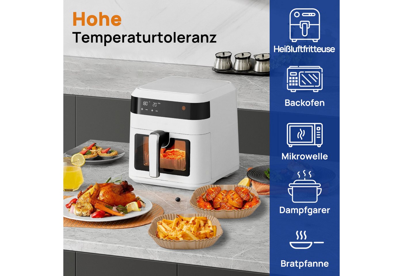 Smad Backpapier für Heißluftfritteuse,20*20*4,5cm,100/200/300St., Antihaft, wasser- und ölbeständig, für Airfryer, Ofen, Mikrowelle – Bild 2 von 5