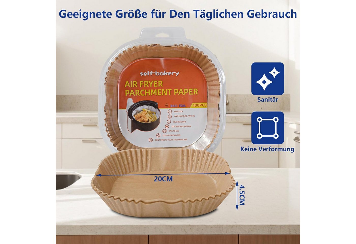 Smad Backpapier für Heißluftfritteuse,20*20*4,5cm,100/200/300St., Antihaft, wasser- und ölbeständig, für Airfryer, Ofen, Mikrowelle – Bild 5 von 5