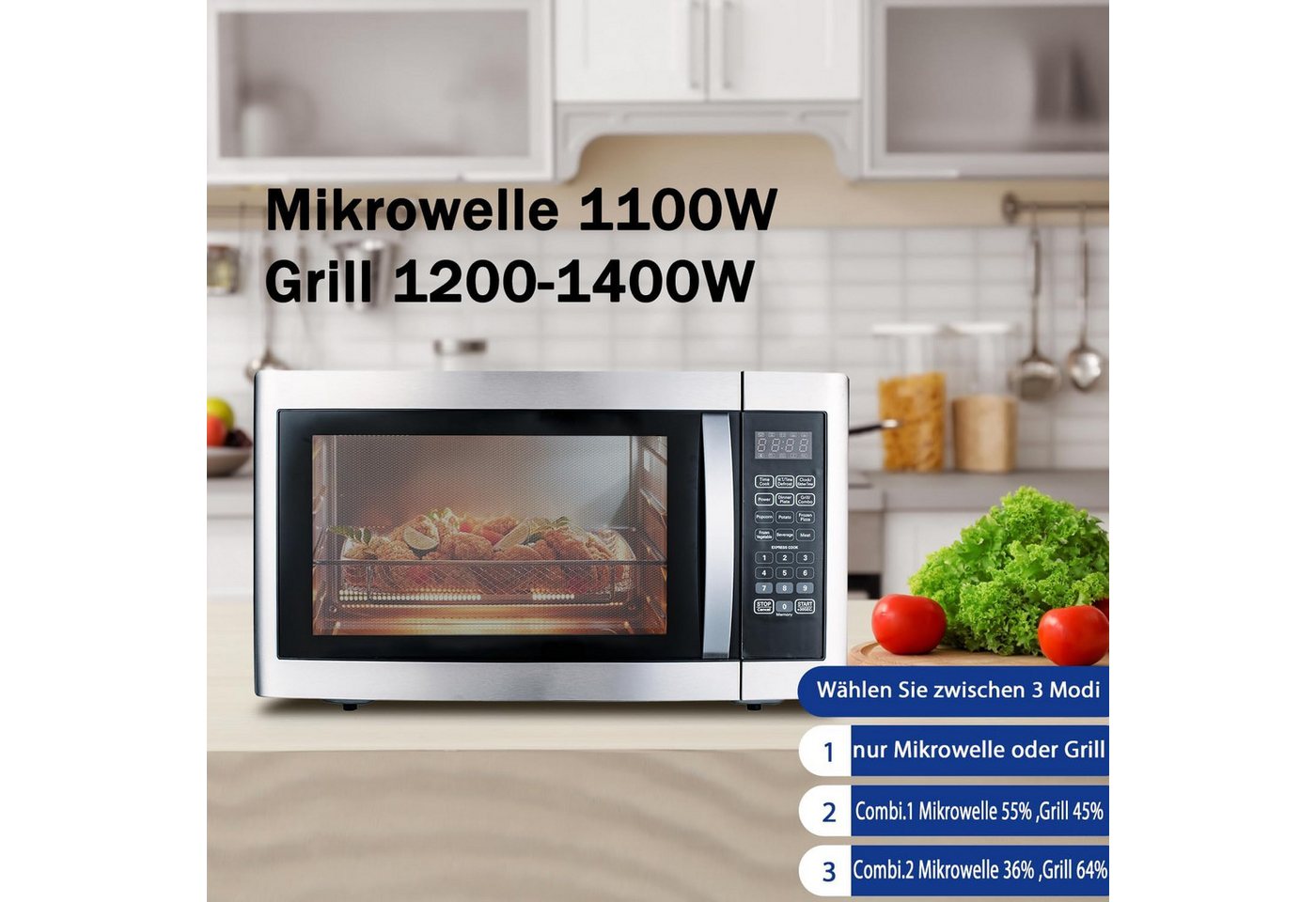 Smad Mikrowelle Großvolumiger, multifunktionaler Mikrowellenofen mit 11 Leistungsstufen und 6 Kochprogrammen., Grill, 42 l, 1100 W Mikrowellenleistung + 1400 W  – Bild 3 von 5