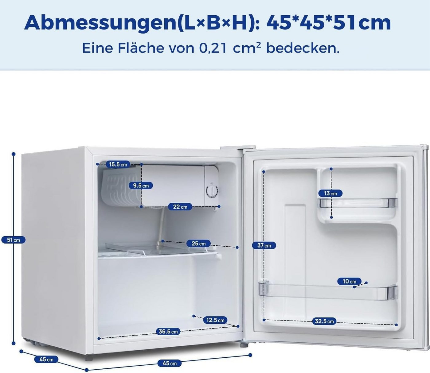 Smad Table Top Kühlschrank DSF-48D6E, 51 cm hoch, 45 cm breit, 6-stufigem Thermostat Kühlfach, 39 dB, für Schlafzimmer/Büro – Bild 2 von 5