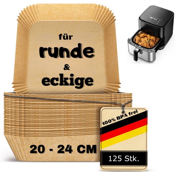 Smart-Planet Backpapier Backpapier für Heißluftfritteuse 125 Stk 20-24cm Airfryer, Antihaft-Beschichtung, rund, eckig