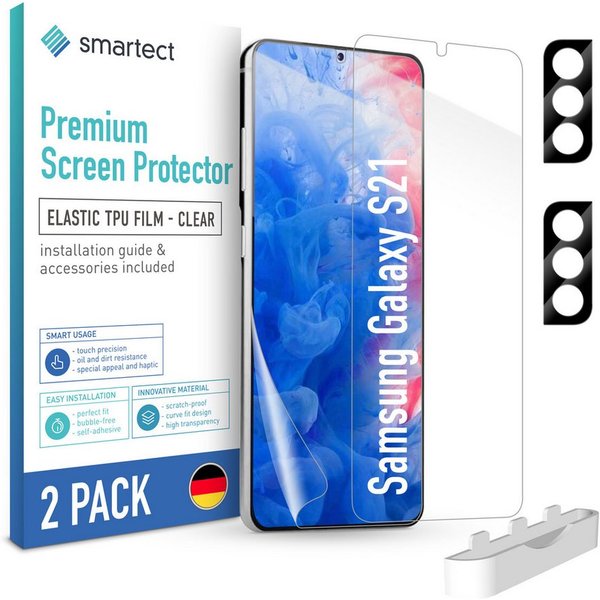 smartect Displayschutzfolie TPU Schutzfolie 2 + 2 Stück für Samsung Galaxy S21 (Display + Kamera) für Samsung Galaxy S21, Set, 2 Stück, Anti-Fingerabdruck