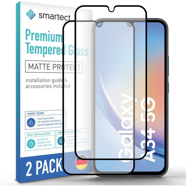 smartect Displayschutzglas 2X Schutzglas Panzerfolie Full Screen Matt für Samsung Galaxy A34 5G für Samsung Galaxy A34 5G, Set, 2 Stück, Entspiegelt, 9H Härte, 