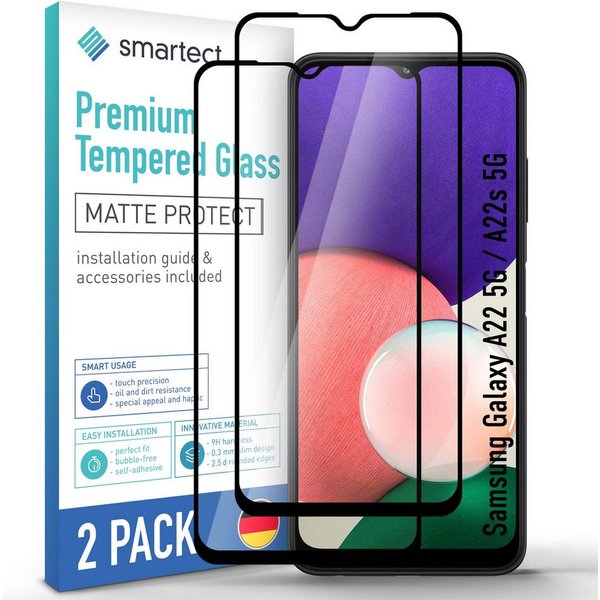 smartect Displayschutzglas 2X Schutzglas Panzerfolie Matt für Samsung Galaxy A22 5G/A22s 5G für Samsung Galaxy A22 5G/A22s 5G, Set, 2 Stück, Entspiegelt, 9H Här