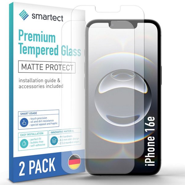 smartect Displayschutzglas 2X Schutzglas Panzerfolie Matt für iPhone 16e für Apple iPhone 16e, Set, 2 Stück, Entspiegelt, 9H Härte, Kratzfest, Stoßfest, Blasenf