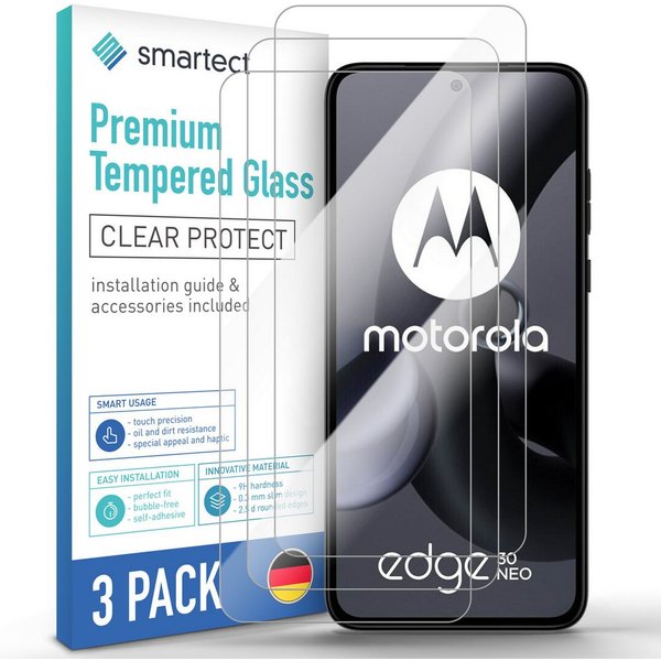 smartect Displayschutzglas 3X Schutzglas Panzerfolie Klar für Motorola Edge 30 Neo für Motorola Edge 30 Neo, Set, 3 Stück, 0.3 mm Ultra-klar, 9H Härte, Kratzfes