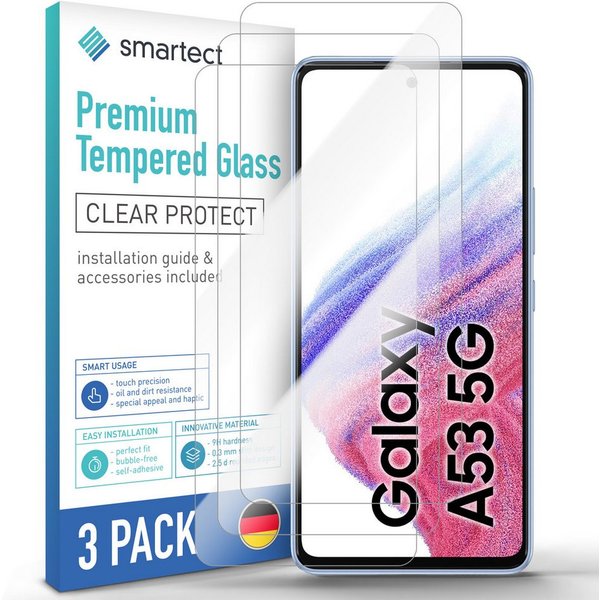 smartect Displayschutzglas 3X Schutzglas Panzerfolie Klar für Samsung Galaxy A53 5G für Samsung Galaxy A53 5G, Set, 3 Stück, 0.3 mm Ultra-klar, 9H Härte, Kratzf
