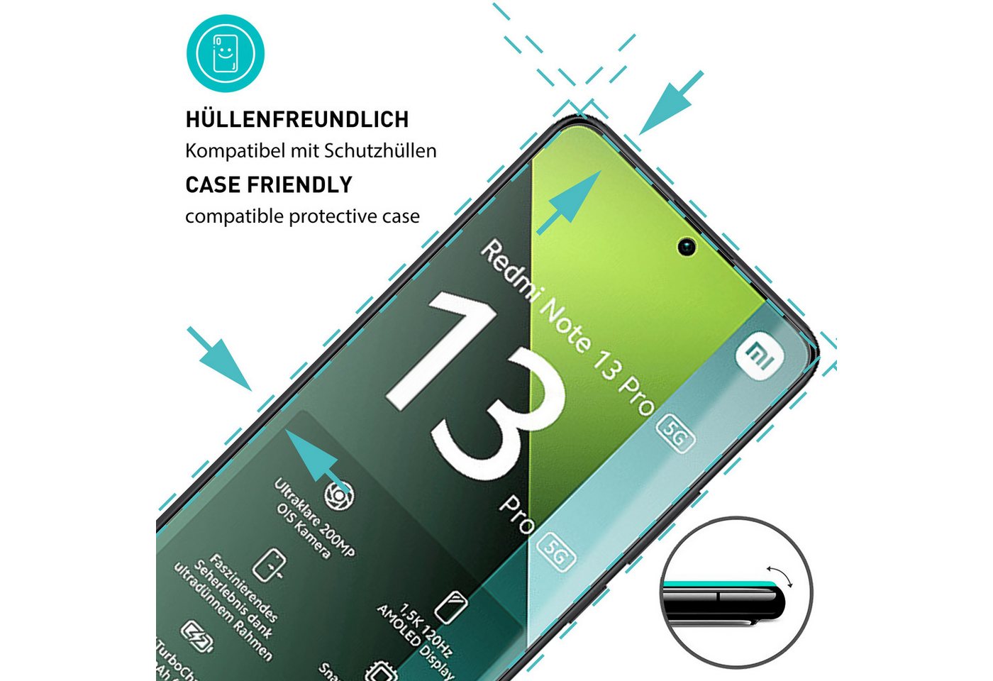 smartect Displayschutzglas 3X Schutzglas Panzerfolie Klar für Xiaomi Redmi Note 13 Pro 5G für Xiaomi Redmi Note 13 Pro 5G, Set, 3 Stück, 0.3 mm Ultra-klar, 9H H – Bild 2 von 5