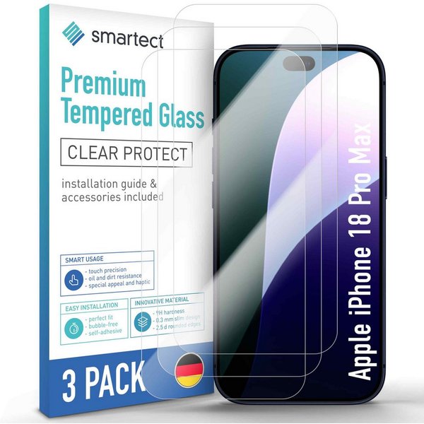 smartect Displayschutzglas 3X Schutzglas Panzerfolie Klar für Apple iPhone 18 Pro Max für Apple iPhone 18 Pro Max, Set, 3 Stück, 0.3 mm Ultra-klar, 9H Härte, Kr
