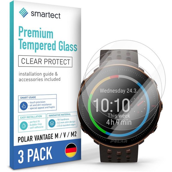 smartect Displayschutzglas 3X Schutzglas Panzerfolie Klar für Polar Vantage M/ V/ M2 für Polar Vantage M/ V/ M2, Set, 3 Stück, 0.3 mm Ultra-klar, 9H Härte, Krat