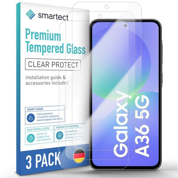smartect Displayschutzglas 3X Schutzglas Panzerfolie Klar für Samsung Galaxy A36 5G für Samsung Galaxy A36 5G, Set, 3 Stück, 0.3 mm Ultra-klar, 9H Härte, Kratzf