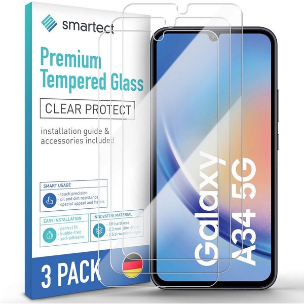 smartect Displayschutzglas 3X Schutzglas Panzerfolie Klar für Samsung Galaxy A34 5G für Samsung Galaxy A34 5G, Set, 3 Stück, 0.3 mm Ultra-klar, 9H Härte, Kratzf