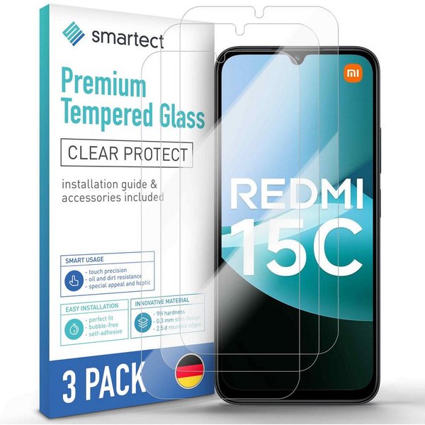 smartect Displayschutzglas 3X Schutzglas Panzerfolie Klar für Xiaomi Redmi 15C 5G / 4G für Xiaomi Redmi 15C 5G / 4G, Set, 3 Stück, 0.3 mm Ultra-klar, 9H Härte, 
