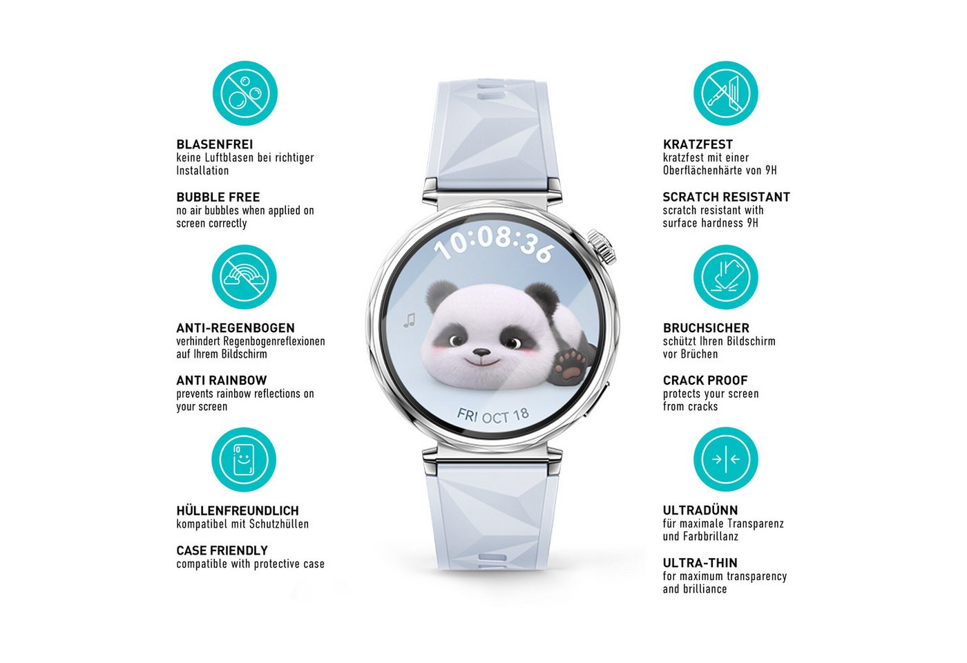 smartect Displayschutzglas 3X Schutzglas Panzerfolie Klar für Huawei Watch GT5 41 mm für Huawei Watch GT5 41 mm, Set, 3 Stück, 0.3 mm Ultra-klar, 9H Härte, Krat – Bild 5 von 5