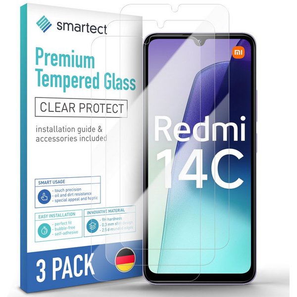 smartect Displayschutzglas 3X Schutzglas Panzerfolie Klar für Xiaomi Redmi 14c / Poco C75 für Xiaomi Redmi 14c / Poco C75, Set, 3 Stück, 0.3 mm Ultra-klar, 9H H