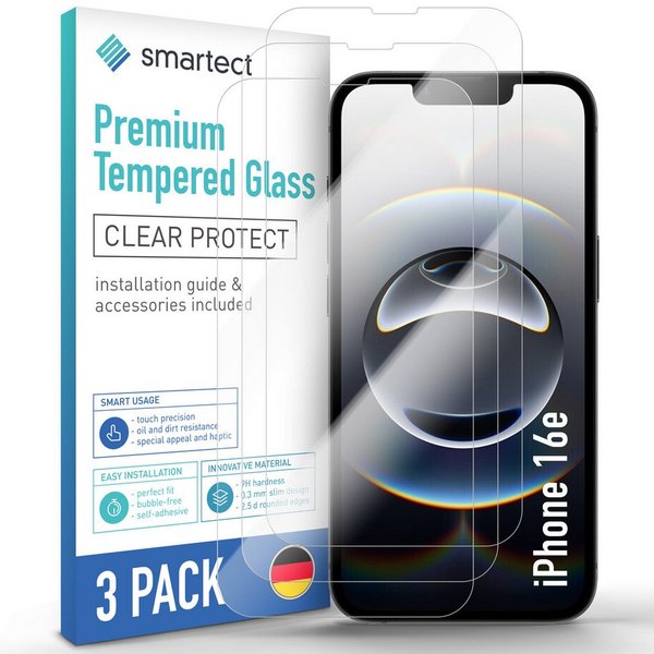 smartect Displayschutzglas 3X Schutzglas Panzerfolie Klar für iPhone 16e für Apple iPhone 16e, Set, 3 Stück, 0.3 mm Ultra-klar, 9H Härte, Kratzfest, Stoßfest, B