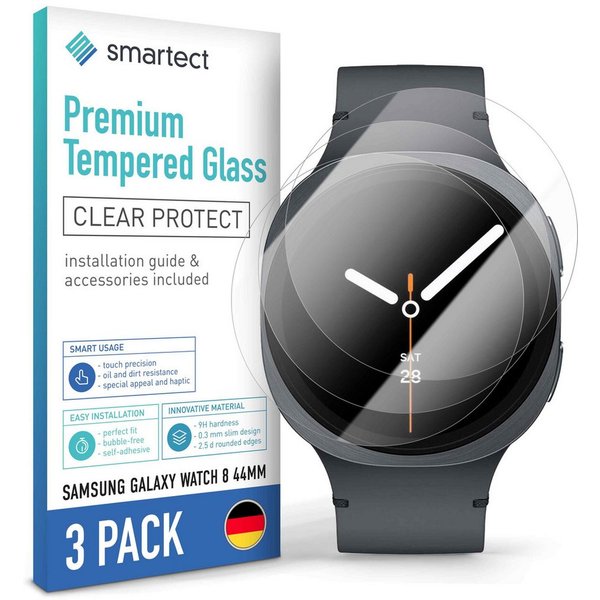smartect Displayschutzglas 3X Schutzglas Panzerfolie Klar für Samsung Galaxy Watch 8 44mm für Samsung Galaxy Watch 8 44mm, Set, 3 Stück, 0.3 mm Ultra-klar, 9H H
