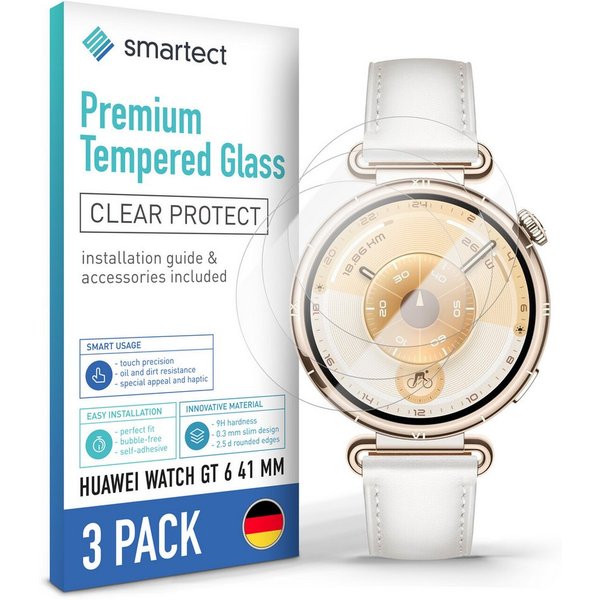 smartect Displayschutzglas 3X Schutzglas Panzerfolie Klar für Huawei Watch GT 6 41 mm für Huawei Watch GT 6 41 mm, Set, 3 Stück, 0.3 mm Ultra-klar, 9H Härte, Kr