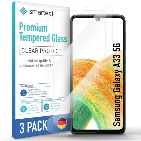 smartect Displayschutzglas 3X Schutzglas Panzerfolie Klar für Samsung Galaxy A33 5G für Samsung Galaxy A33 5G, Set, 3 Stück, 0.3 mm Ultra-klar, 9H Härte, Kratzf