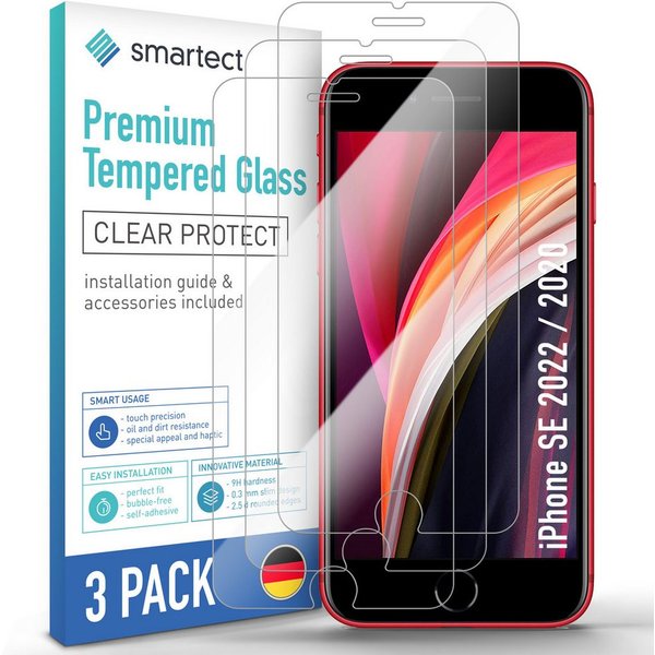 smartect Displayschutzglas 3X Schutzglas Panzerfolie Klar für iPhone SE 2022 / 2020 für Apple iPhone SE 2022 / 2020, Set, 3 Stück, 0.3 mm Ultra-klar, 9H Härte, 