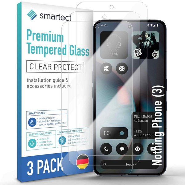 smartect Displayschutzglas 3X Schutzglas Panzerfolie Klar für Nothing Phone (3) für Nothing Phone (3), Set, 3 Stück, 0.3 mm Ultra-klar, 9H Härte, Kratzfest, Sto