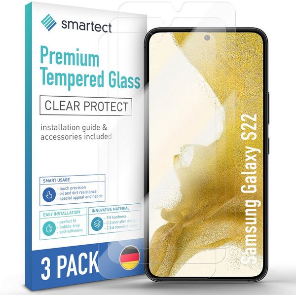 smartect Displayschutzglas 3X Schutzglas Panzerfolie Klar für Samsung Galaxy S22 für Samsung Galaxy S22, Set, 3 Stück, 0.3 mm Ultra-klar, 9H Härte, Kratzfest, S