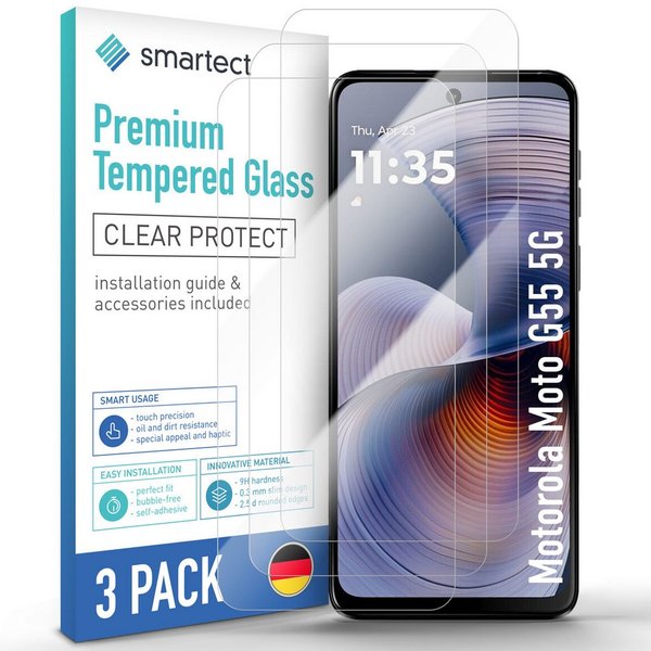 smartect Displayschutzglas 3X Schutzglas Panzerfolie Klar für Motorola Moto G55 5G für Motorola Moto G55 5G, Set, 3 Stück, 0.3 mm Ultra-klar, 9H Härte, Kratzfes