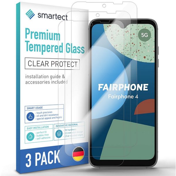 smartect Displayschutzglas 3X Schutzglas Panzerfolie Klar für Fairphone 4 für Fairphone 4, Set, 3 Stück, 0.3 mm Ultra-klar, 9H Härte, Kratzfest, Stoßfest, Blase