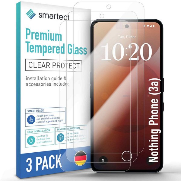 smartect Displayschutzglas 3X Schutzglas Panzerfolie Klar für Nothing Phone (3a) für Nothing Phone (3a), Set, 3 Stück, 0.3 mm Ultra-klar, 9H Härte, Kratzfest, S