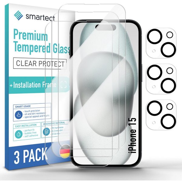 smartect Displayschutzglas Schutzglas Panzerfolie 3 + 3 Stück für iPhone 15 (Display + Kamera) für Apple iPhone 15, Set, 3 Stück, inkl. Anbringhilfe, 0.3 mm Ult