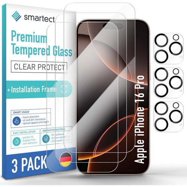 smartect Displayschutzglas Schutzglas Panzerfolie 3 + 3 Stück für iPhone 16 Pro (Display+Kamera) für Apple iPhone 16 Pro, Set, 3 Stück, inkl. Anbringhilfe, 0.3 
