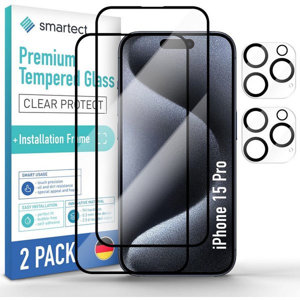 smartect Displayschutzglas Schutzglas Panzerfolie Full Screen 2 + 2 Stück für iPhone 15 Pro für Apple iPhone 15 Pro, Set, 2 Stück, Display + Kamera, inkl. Anbri