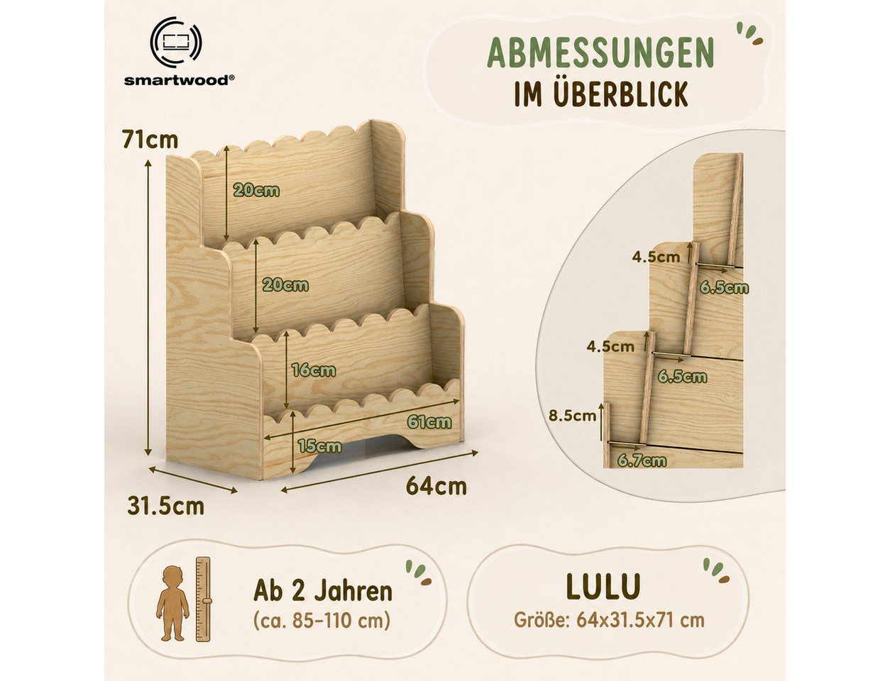 Smartwood Kinderregal Montessori, Bücherregal Kinder, FSC-Kiefernholz, Kaschmir, LULU – Bild 3 von 5