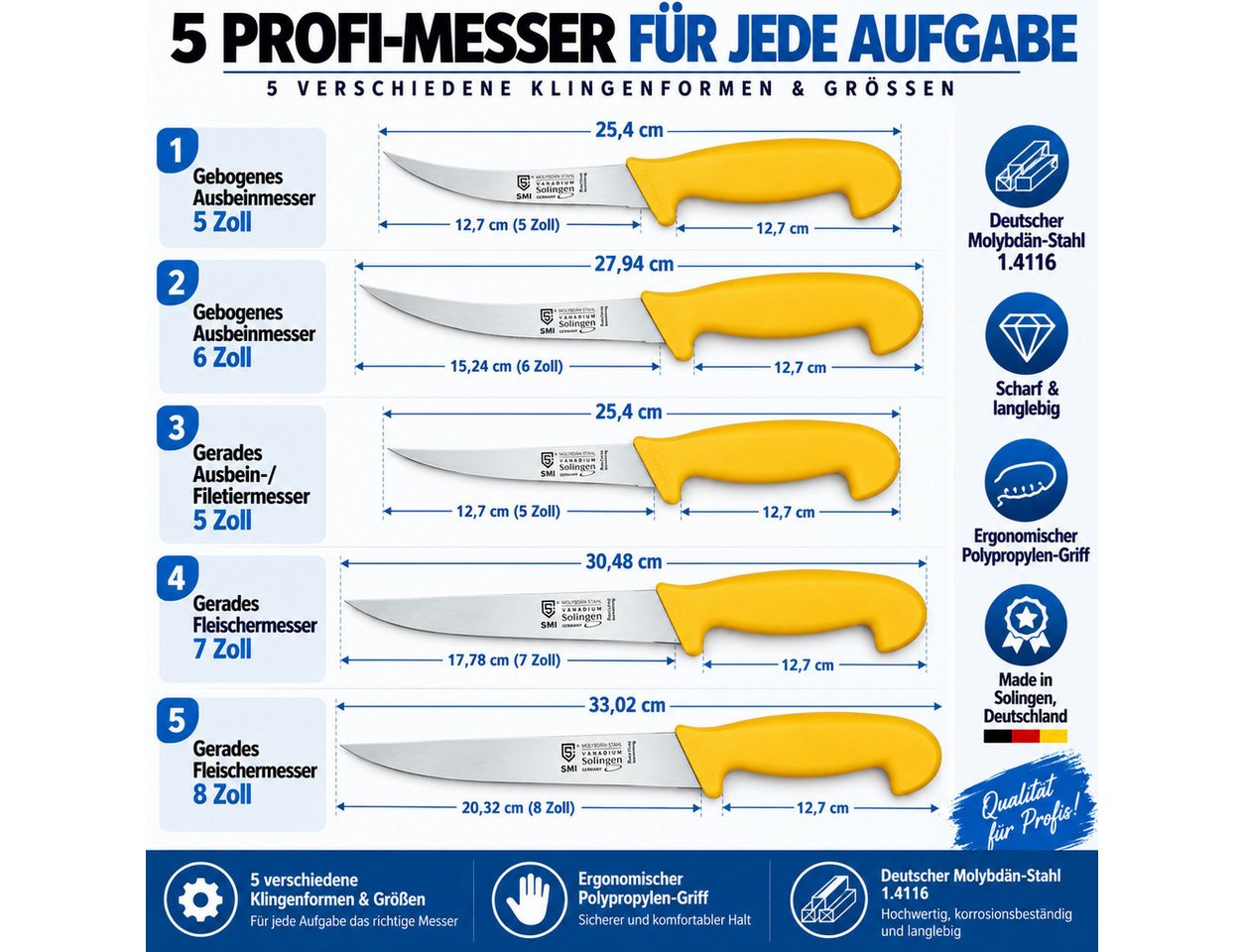 SMI Fleischmesser 5-tlg Küchenmesser Set Solingen Metzgermesser Fleischermesser – Bild 3 von 5