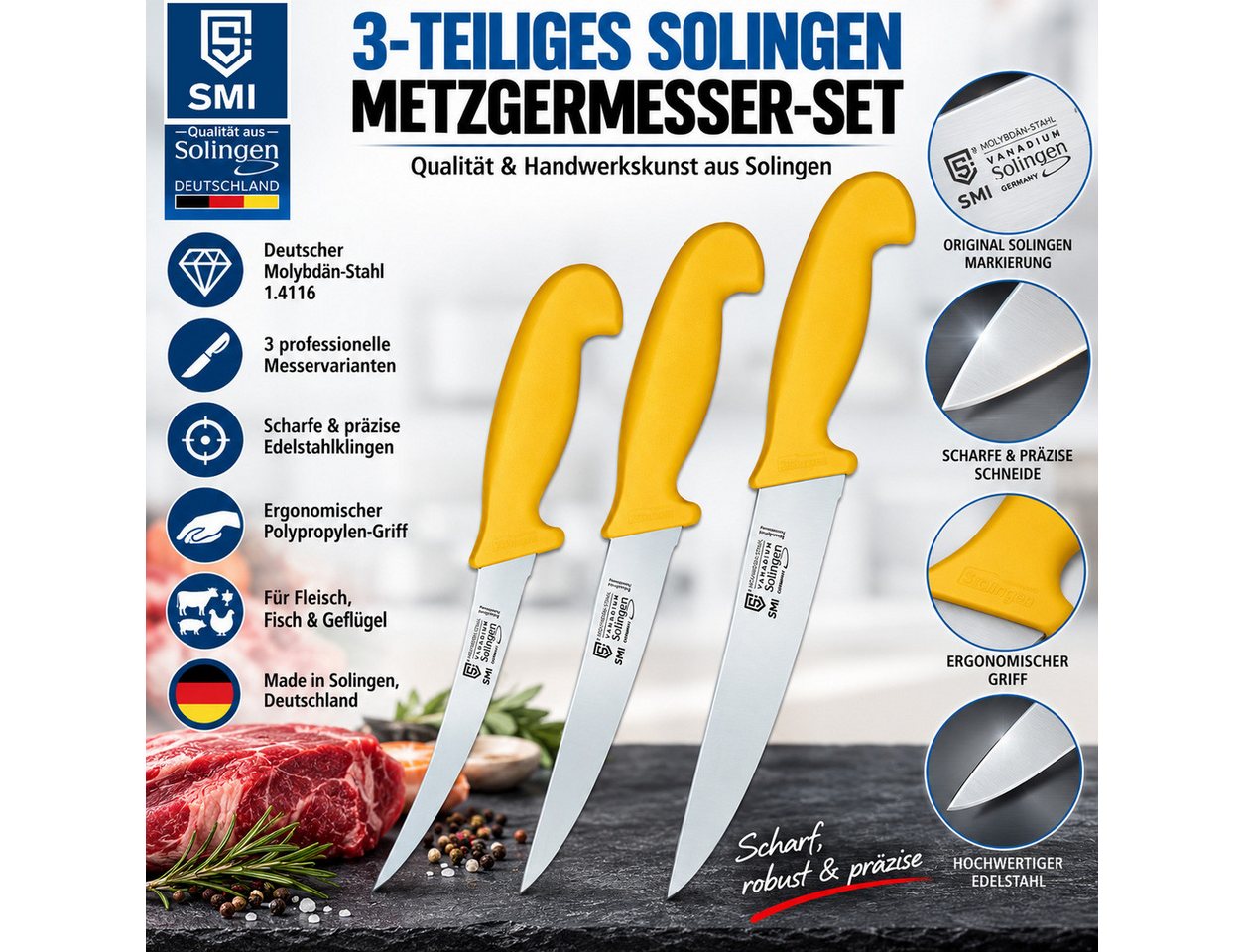 SMI Kochmesser 3-tlg Küchenmesser set Solingen Metzgermesser Fleischer Ausbeinmesser – Bild 2 von 5