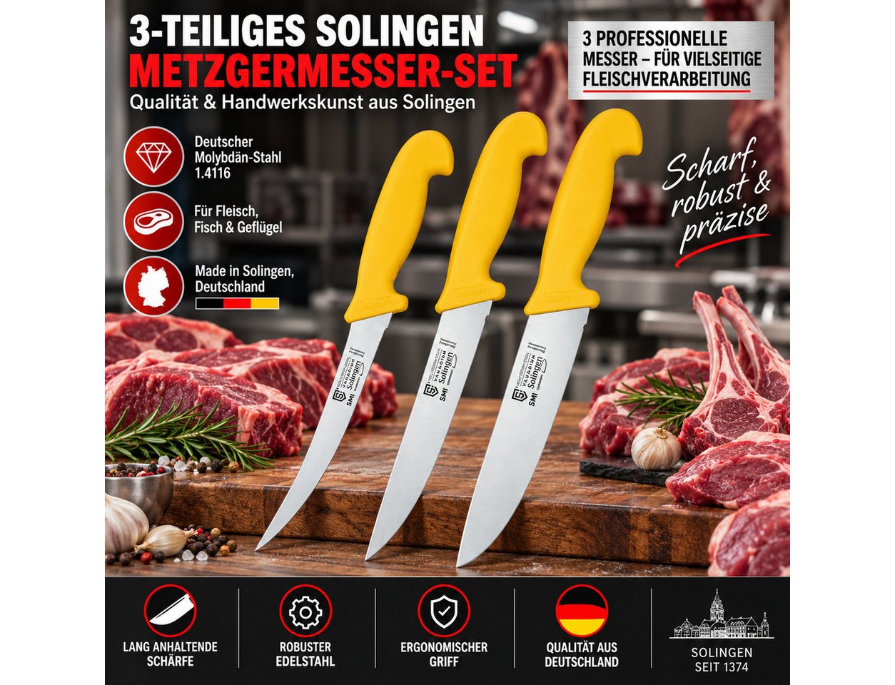 SMI Kochmesser 3-tlg Küchenmesser set Solingen Metzgermesser Fleischer Ausbeinmesser – Bild 3 von 5