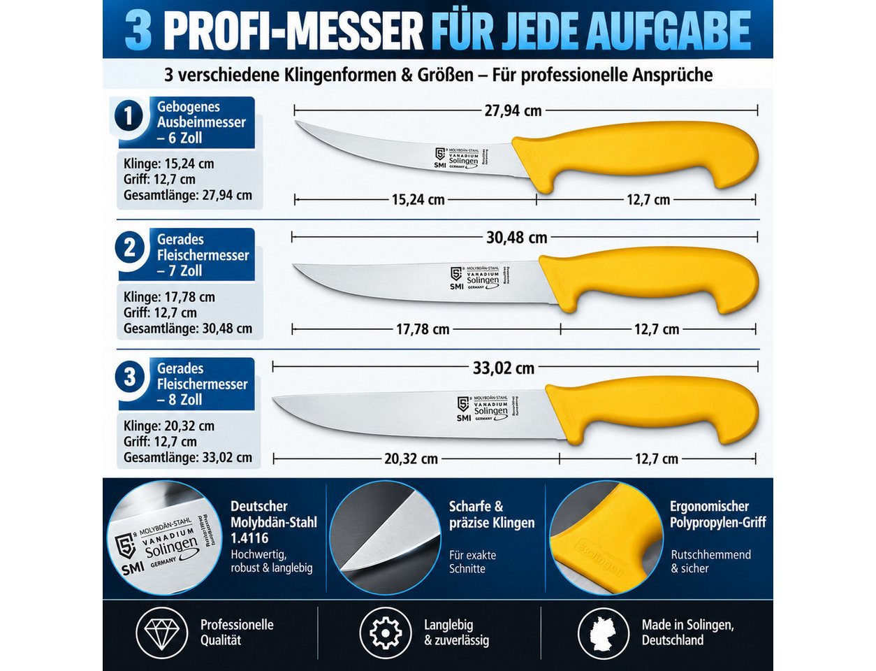 SMI Kochmesser 3-tlg Küchenmesser set Solingen Metzgermesser Fleischer Ausbeinmesser – Bild 5 von 5
