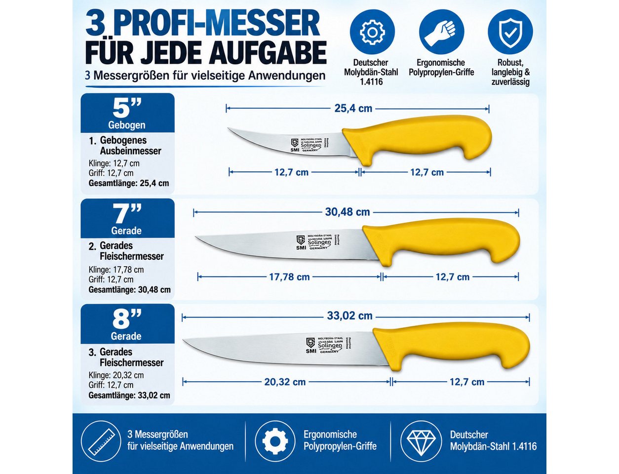 SMI Kochmesser 3-tlg Küchenmesser set Solingen Metzgermesser 5 zoll Ausbeinmesser – Bild 2 von 5