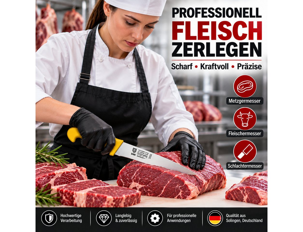 SMI Kochmesser 3-tlg Küchenmesser set Solingen Metzgermesser 5 zoll Ausbeinmesser – Bild 4 von 5